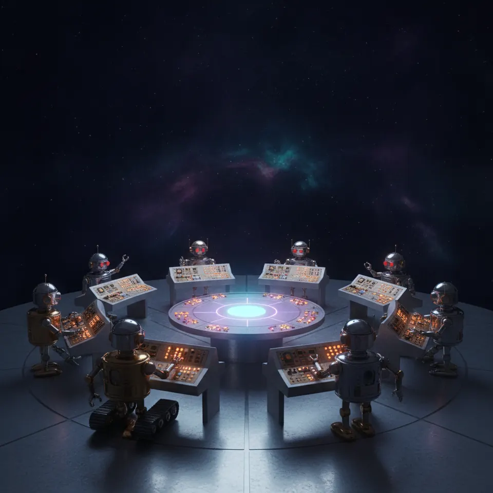 Eight small robots at consoles around a glowing command table on a starship.