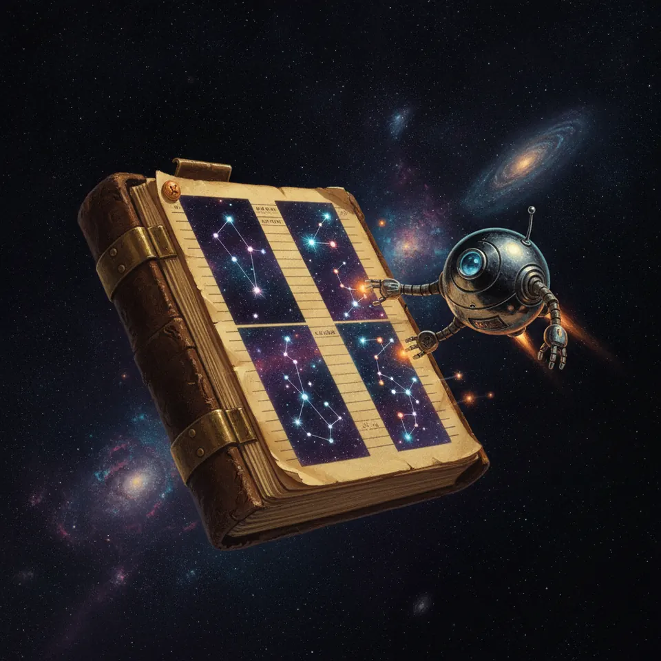 An old ledger floating in space, its pages turning into constellations, tended by a small robot.