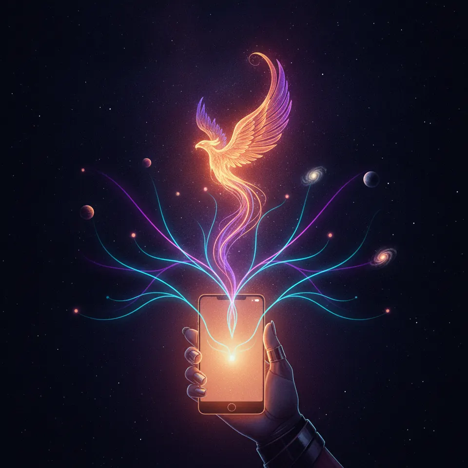 A hand holding a glowing phone, light rising from it toward the stars.